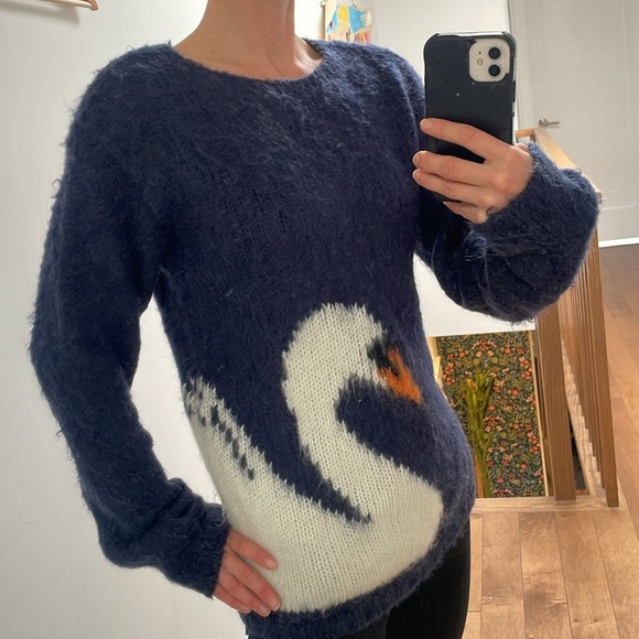 Press wool mohair blend navy blue swan knit sweater round neck size M - Picture 12 of 14